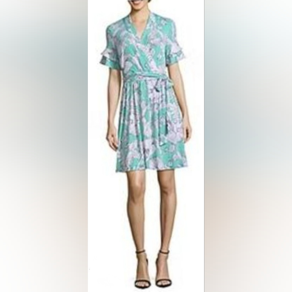 Liz Claiborne Women's Green and White Midi Mock Wrap Dress. (Size M)